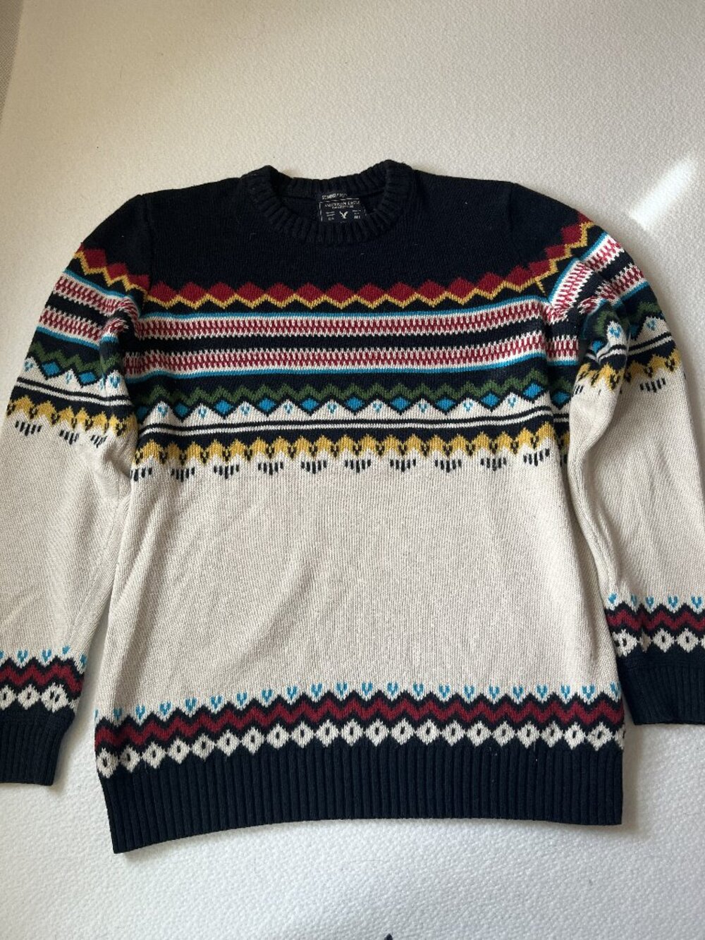 American Eagle Sweater Men's M | Navy Cream Fair Isle Geometric | Seriously Soft